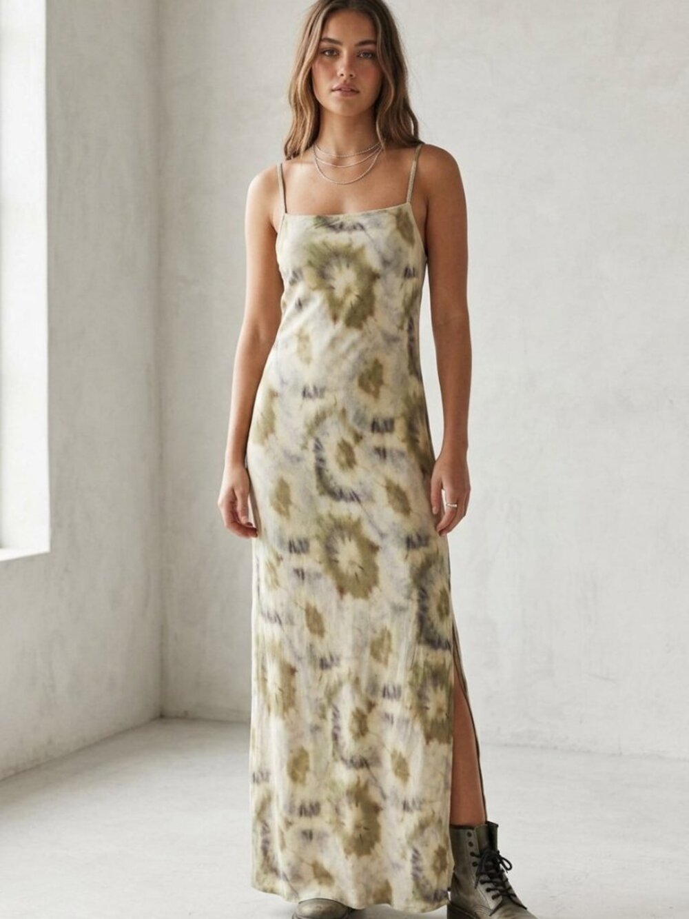 Ghanda Co. Lillia Maxi Slip Dress Olive Tie-Dye Square Neck Side Split | Size S